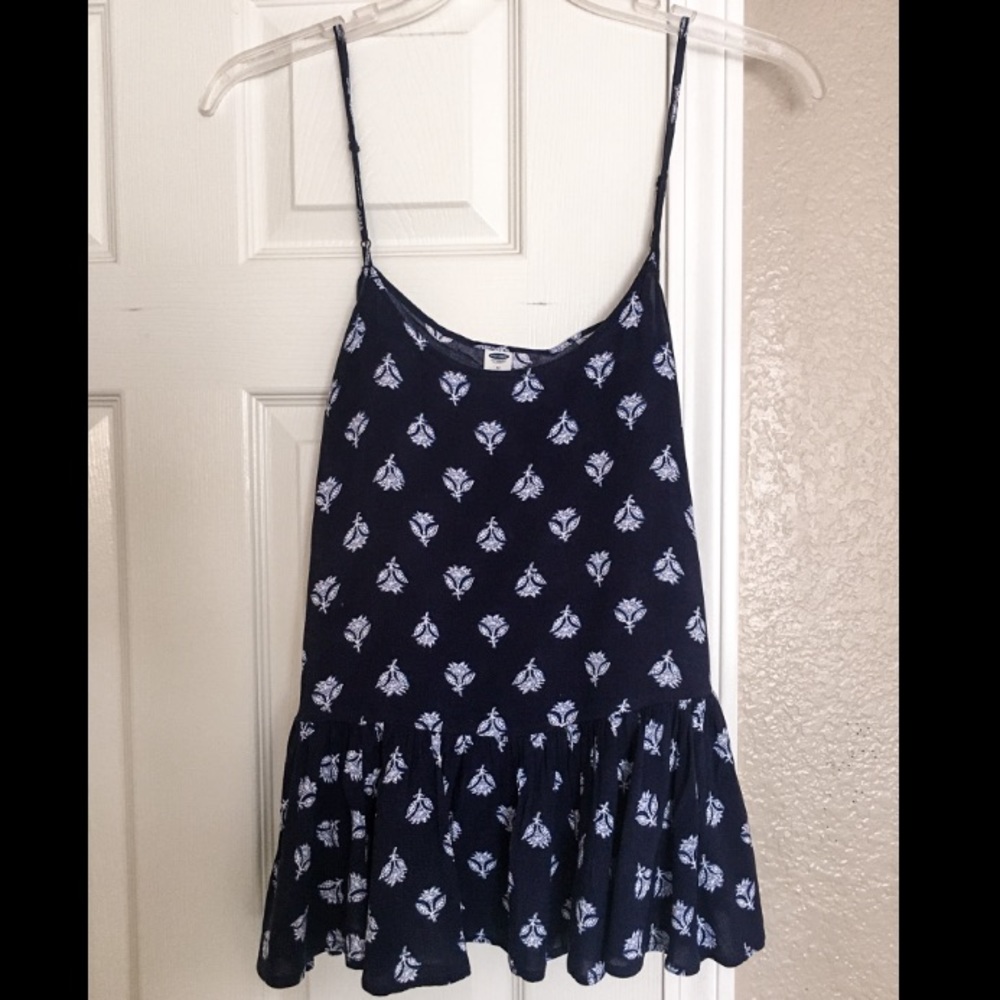 Blue/White Flower Pattern Spaghetti Strap Blouse